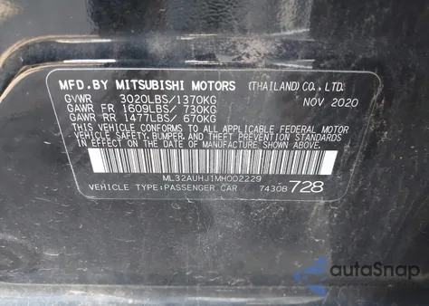 2021 Mitsubishi Mirage Carbonite Edition/Es/Le z USA, uszkodzony, nr VIN ML32AUHJ1MH002229